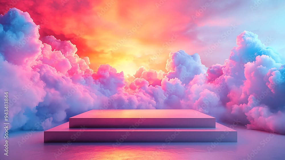 Poster an abstract pink and blue cloudscape frames a minimalist podium, creating a dreamy and otherworldly 