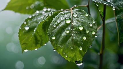 Green leaves with water drops and a blurred background 