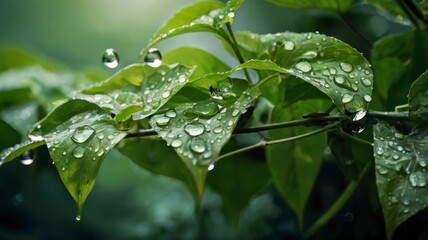  Green leaves with water drops and a blurred background 
