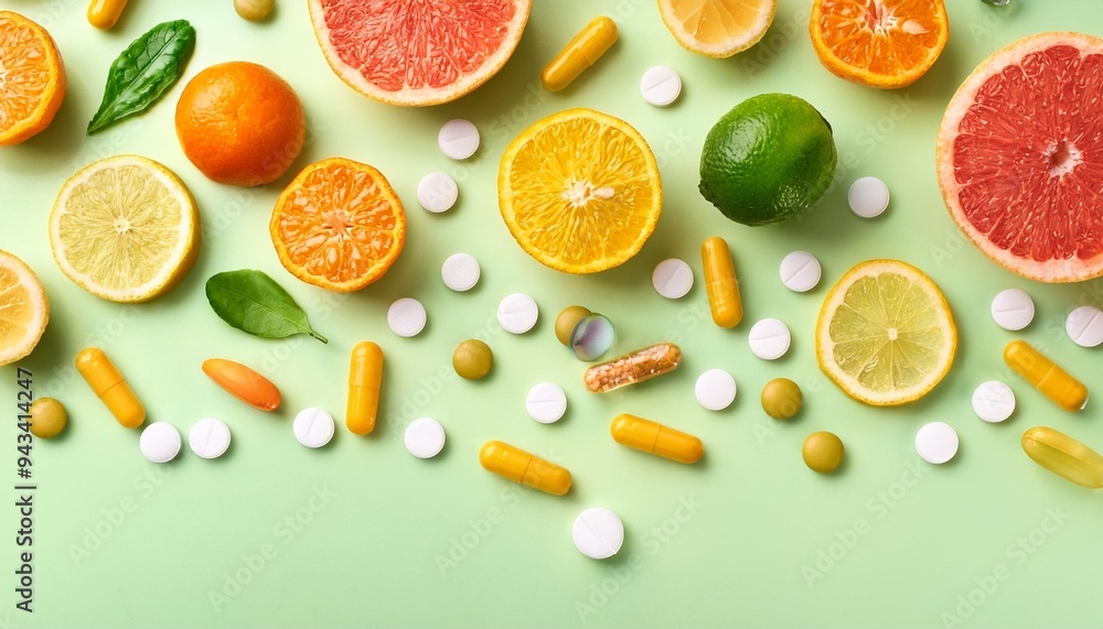 Canvas Prints vitamin supplements with citrus fruits flat lay