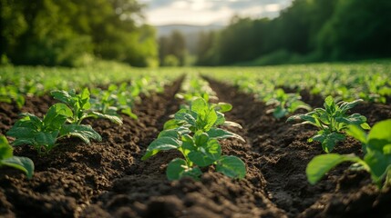 Rows of young plants thrive in rich soil, showcasing sustainable farming practices under a setting sun.