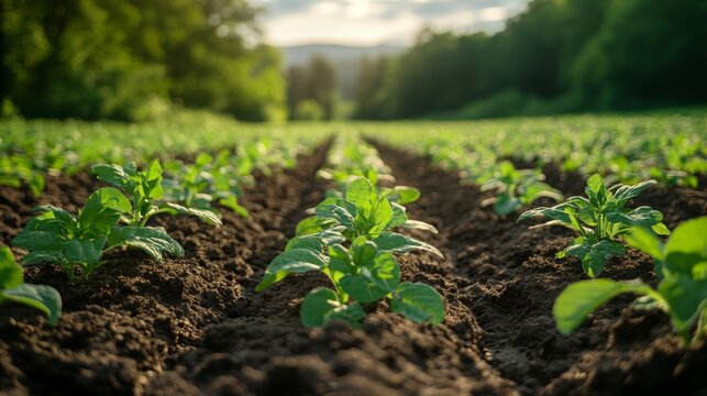 Rows of young plants thrive in rich soil, showcasing sustainable farming practices under a setting sun.