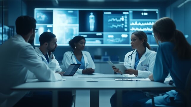 Medical professionals discussing patient data and treatment strategies in a high-tech healthcare facility at night