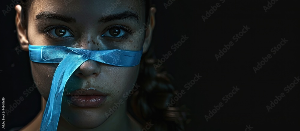 Poster top view of a woman with a blue awareness ribbon against a black background providing ample copy spa