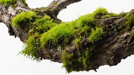 Green moss on rotten branch, isolated on white