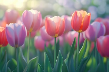 A garden of blooming tulips in various colors, with the flowers standing tall against green foliage