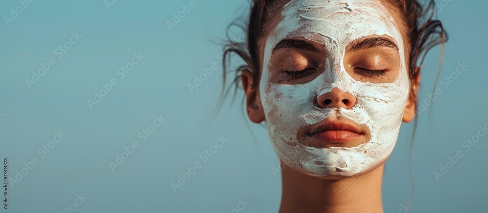 Poster a young woman with a facial mask poses against a plain background creating a serene image with copy 