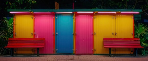 Colorful Changing Rooms with Neon Lights at Night