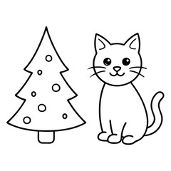 A cute Christmas cat and Christmas tree on white background 
