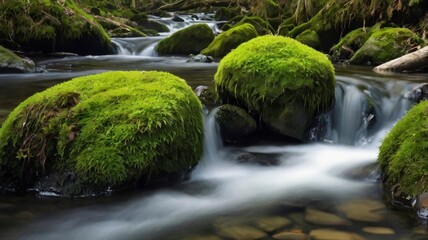 Green moss rock with forest stream, isolated image