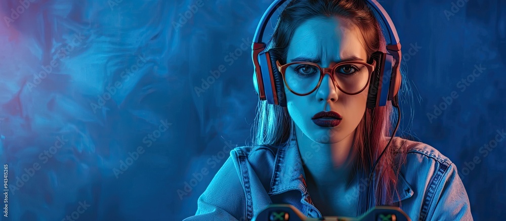 Aufkleber woman with headphones and game controller on dark blue background with copy space image