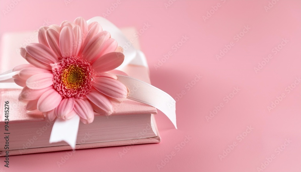 Sticker a pink flower sits atop a book on a pink background adorned with a white ribbon