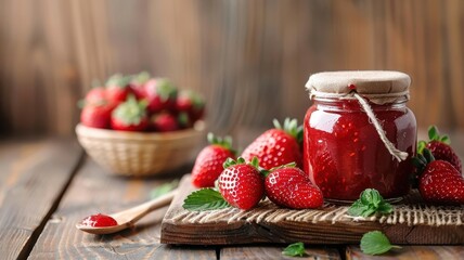 A rustic jar of homemade strawberry jam with a chunky texture.