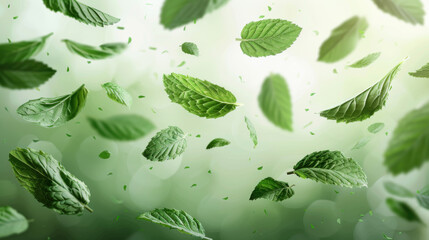 Falling juicy Mint leaves with green leaves isolated on transparent background. Flying defocusing slices of Mint leaves