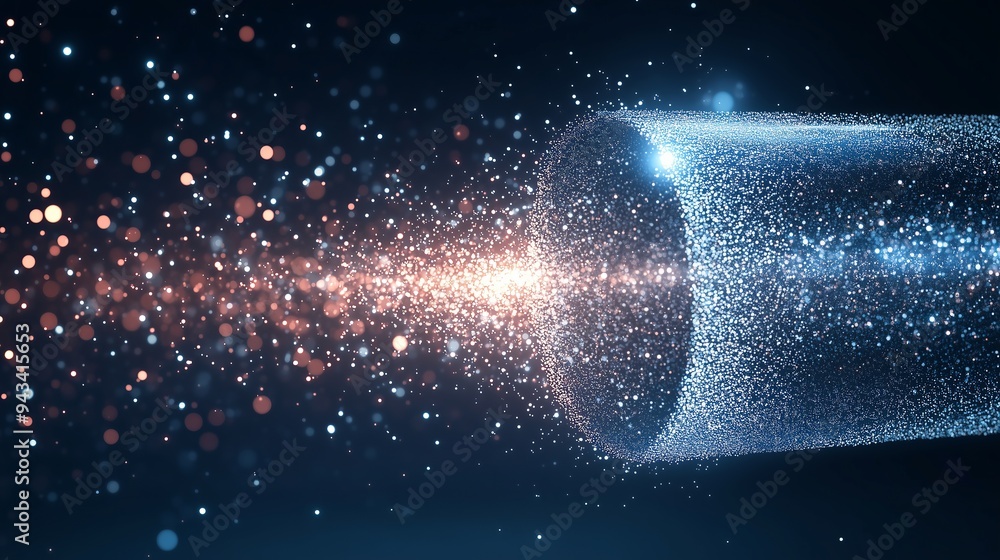 Poster digital tunnel of cyberspace with particles and lighting.