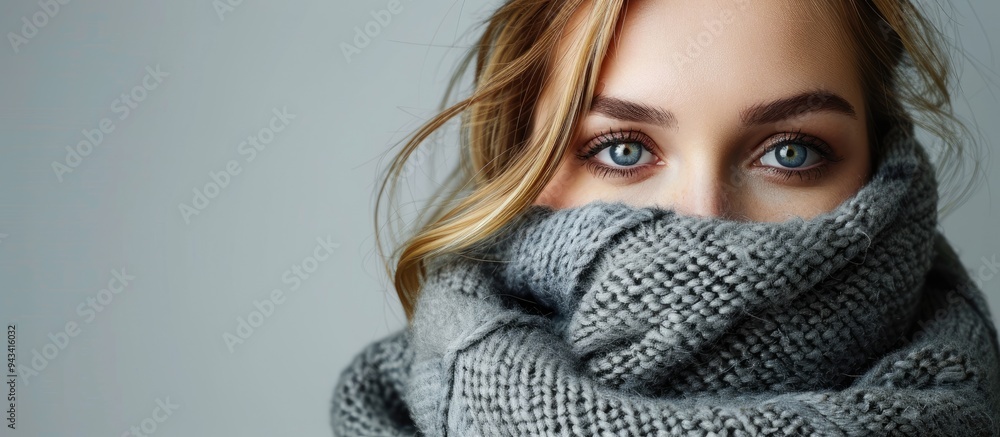 Poster elegant lady wearing a cozy scarf poses against a gray backdrop with room for a caption in the copy 