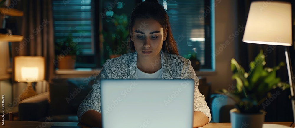 Poster a woman is seen in a mockup typing on a laptop with a white desktop screen allowing for copy space i