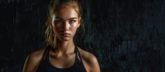 A determined young white female athlete confidently showcases sportswear against a black backdrop highlighting a fitness oriented lifestyle with copy space image