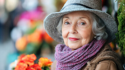 Elderly woman is smiling subtly in a flower shop