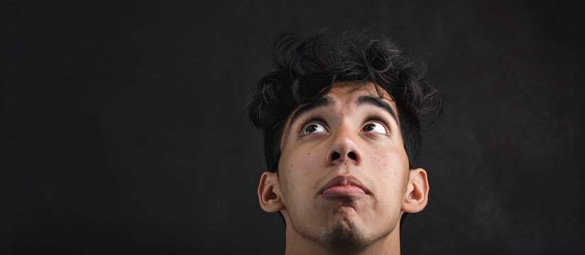 A perplexed young Hispanic man gazes upward with a worried confused look seemingly unsure and hesitating directing his attention towards a blank copy space image