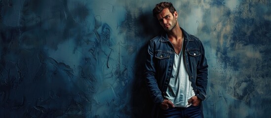 Obraz premium A stylish young man with copy space image posing in a front view against the wall