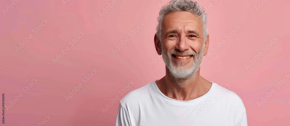 Poster elderly man with grey hair smiling posing against pink backdrop in a portrait with empty space for t