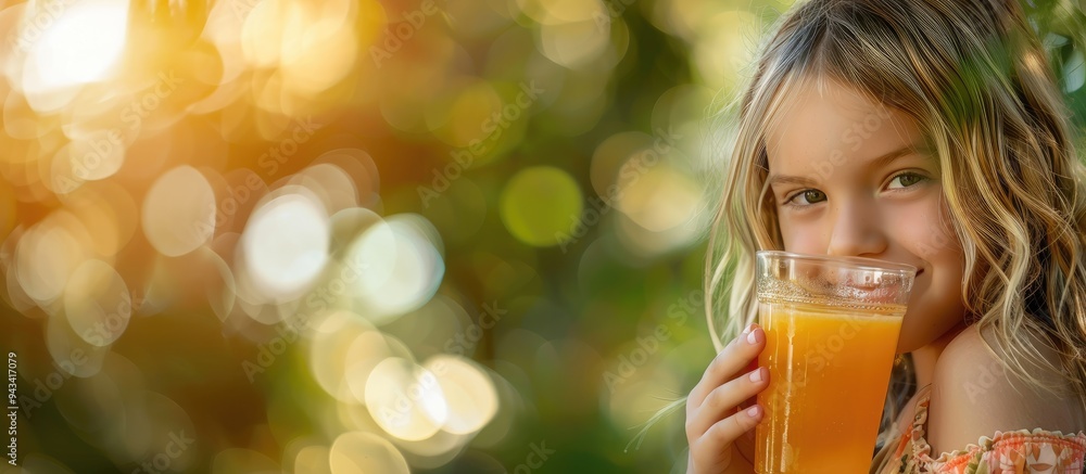 Poster Young girl enjoying orange juice with a blank space for text or graphics in the background of the image. Creative banner. Copyspace image