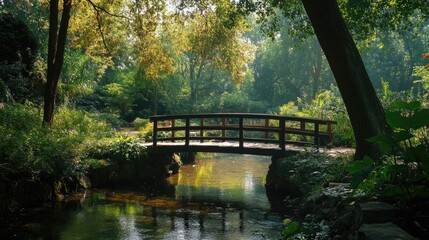 Fototapeta premium A tranquil park scene with a wooden footbridge over a stream, surrounded by dense foliage
