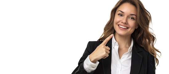 A businesswoman points and smiles at an empty copy space image on a white background