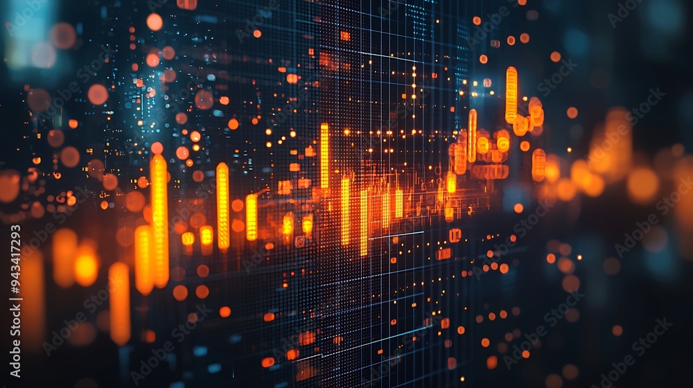Poster an abstract digital network data flow with orange and blue lights symbolizes the dynamic exchange of