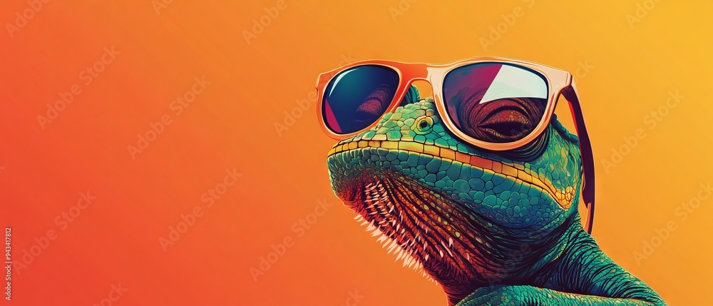 Wall mural chameleon wearing sunglasses on a solid color background, vector art, digital art, faceted, minimal,