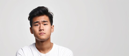 A young Asian man in a white t shirt looking thoughtful isolated on a white background with copy space image