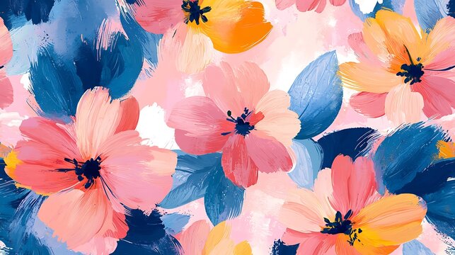 An abstract floral painting featuring pink, yellow, and blue colors captures the essence of blooming vibrancy.