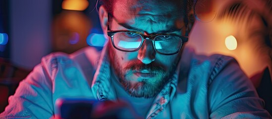 An adult man is seen in the portrait engaging in video games on a mobile phone creating a dynamic scene with copy space image