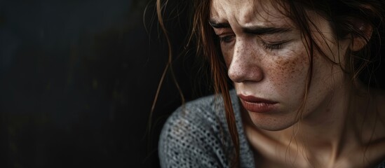 Fototapeta premium An image featuring a tired and anxious adult woman with a distressed expression with empty space for additional content