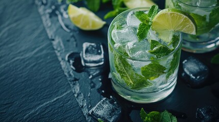 Close-up of a classic mojito with lime wedges and mint leaves on a dark slate surface