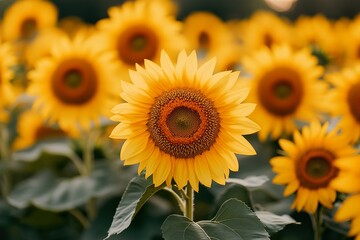Fototapeta premium A patch of sunflowers in a rural field, with the flowers turning to follow the path of the sun