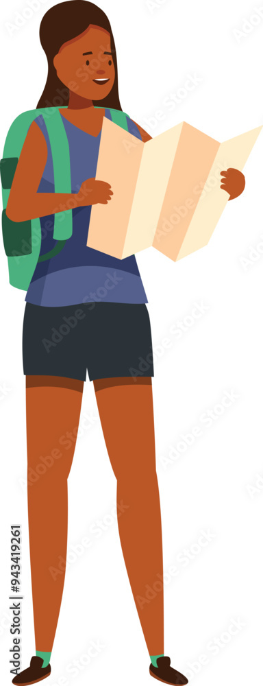 Poster smiling tourist is checking her position and searching her direction on a location map