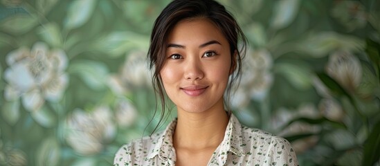 Entrepreneur women concept portrayed by a confident smiling young Asian businesswoman starting her own startup dressed in a white and green shirt standing against a green backdrop with copy space ima