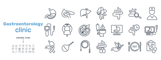 Set of line icons Gastroenterology Clinic. Liver, gallbladder, pancreas, gluten free diet, diarrhea, feces, ct, digestion, ultrasound, ulcer, duodenum, bile vector illustration. Editable Strokes
