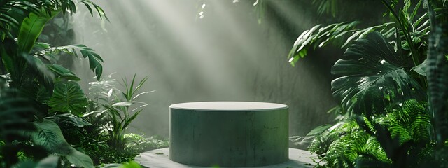 A green concrete cylinder podium stands in a tropical jungle, surrounded by lush green plants and foliage. The misty atmosphere creates a soft, cinematic lighting, perfect for product photography.