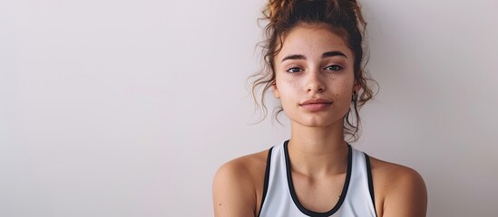 Confident young woman in athletic attire white backdrop with copy space image radiating readiness...