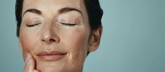 A beautiful middle aged woman with her eyes closed and a gentle touch embodies beauty and skincare ideals Perfect for skincare ads isolated on a bright background with copy space image