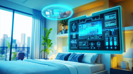 Modern bedroom with smart home interface and city view.