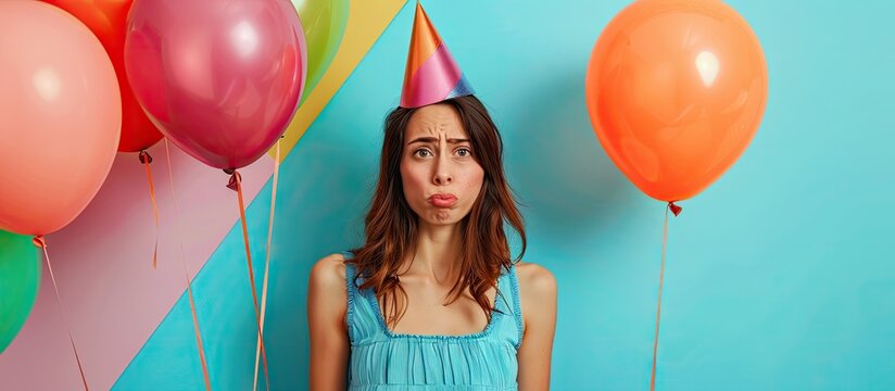A young woman looks hungover holding balloons after her birthday party against a colorful background with copy space image