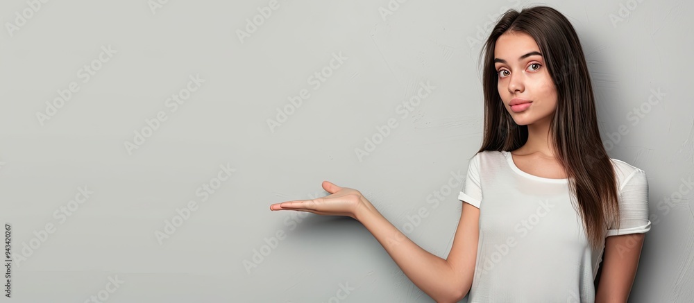 Poster Girl showcasing copy space image on palm and pointing at it against a gray background in a panoramic view