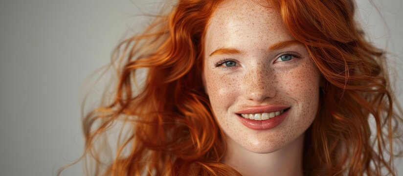 Cheerful redhead woman exudes confidence and pride embodying a sense of self assuredness appearing content and self assured like a leading figure in a copy space image