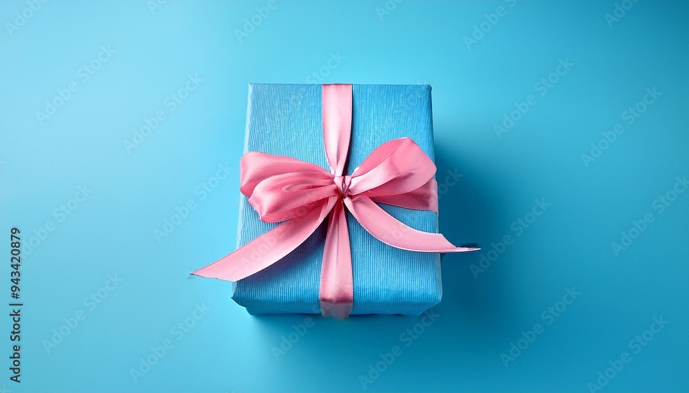 Canvas Prints blue gift tied with pink ribbon on blue background