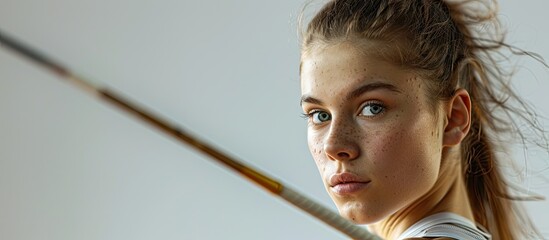 A young Caucasian female athlete practices her javelin throw technique indoors against a white backdrop exuding dedication to athletics in a copy space image