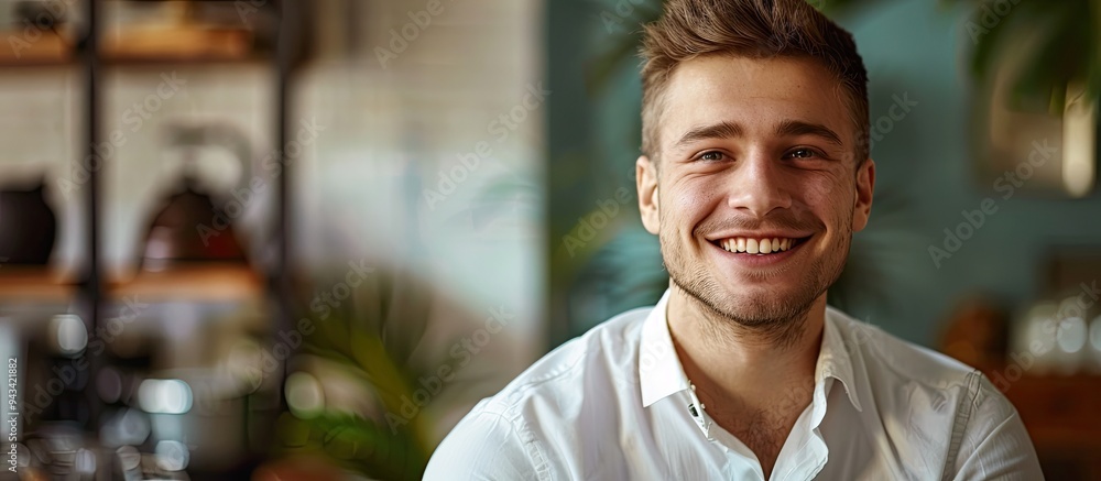 Poster a young caucasian man in a white shirt smiles at the camera indoors with a background suitable for a